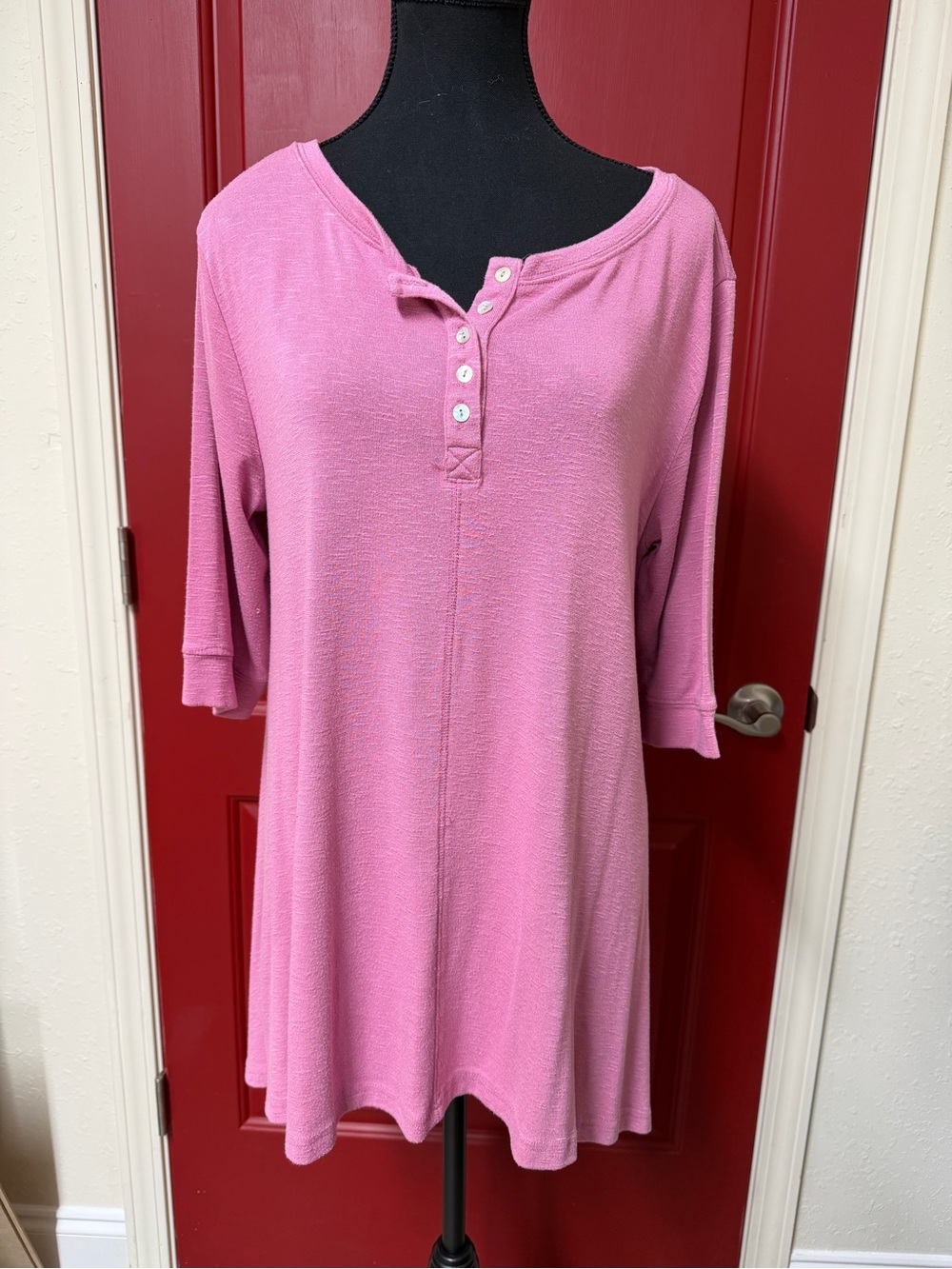 Amaryllis Pink Henley Tunic with Button Placket
